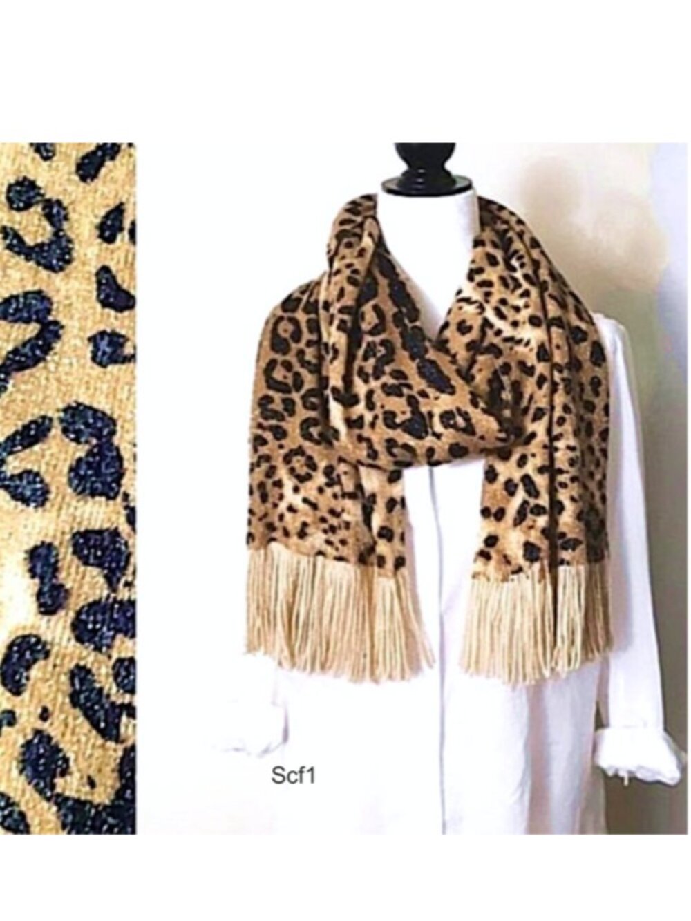COLLECTION 18 Acrylic Long Scarf Animal Print Beige Black Brown Shimmery Fringe
